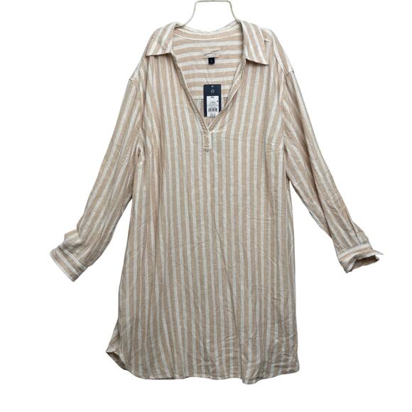 Universal Thread Linen Rayon Beige White Stripe Collared Tunic Dress Size XXL - Picture 1 of 7